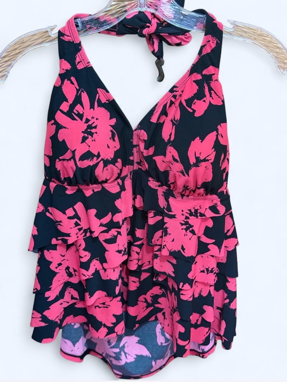 Aqua Green Black and Hot Pink Floral Halter Swim Top